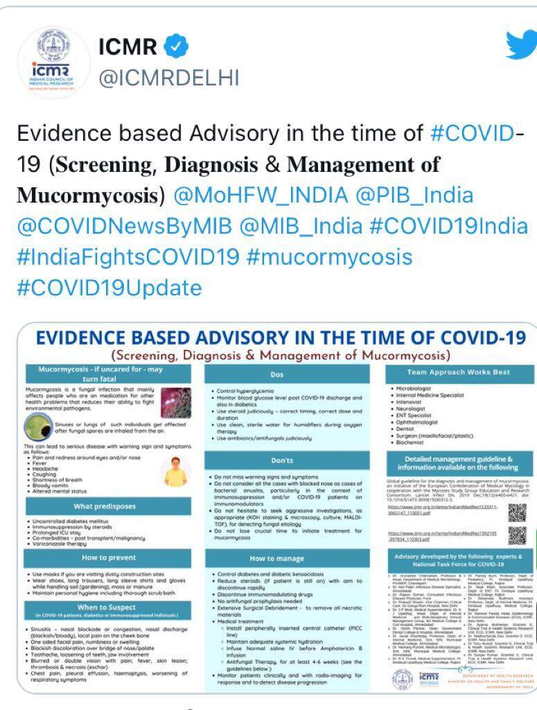 कोरोना के मरीजों में बढ़ रहे ब्लैक फंगस के मामलों से बचाव के लिए आईसीएमआर ने जारी की एडवाइजरी